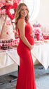 Red Cross-Neck Maternity Maxi Dress – Knit Bodycon Ruched Gown with Gold Detail Statement Dress