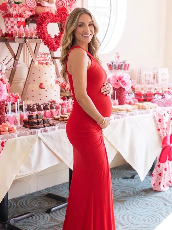 Red Cross-Neck Maternity Maxi Dress – Knit Bodycon Ruched Gown with Gold Detail Statement Dress