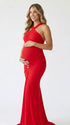 Red Cross-Neck Maternity Maxi Dress – Knit Bodycon Ruched Gown with Gold Detail Statement Dress