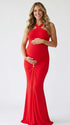 Red Cross-Neck Maternity Maxi Dress – Knit Bodycon Ruched Gown with Gold Detail Statement Dress