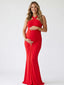 Red Cross-Neck Bodycon Maternity Maxi Dress— Ruched Pregnancy Gown
