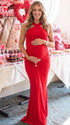 Red Cross-Neck Maternity Maxi Dress – Knit Bodycon Ruched Gown with Gold Detail Statement Dress