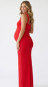 Red Cross-Neck Maternity Maxi Dress – Knit Bodycon Ruched Gown with Gold Detail Statement Dress