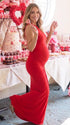Red Cross-Neck Maternity Maxi Dress – Knit Bodycon Ruched Gown with Gold Detail Statement Dress