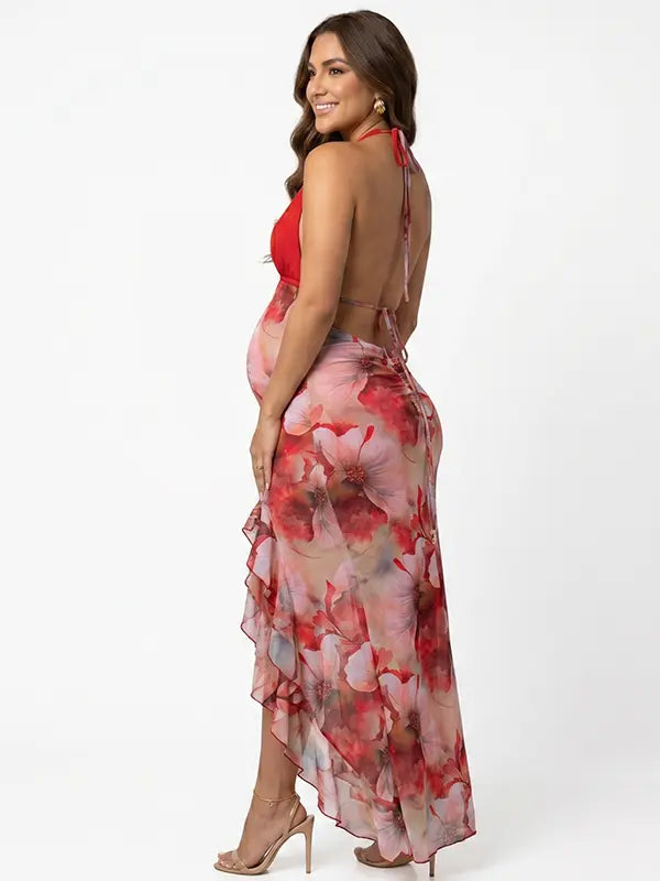 red floral lace maternity dress deep v halter backless bodycon maxi photoshoot gown