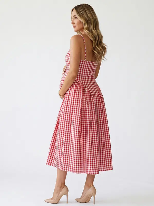 Red Gingham Maternity Maxi Dress – Adjustable Strap Flowy Princess Dress Stretch Baby Shower Outfit