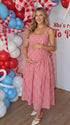 Red Gingham Maternity Maxi Dress – Adjustable Strap Flowy Princess Dress Stretch Baby Shower Outfit