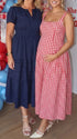Red Gingham Maternity Maxi Dress – Adjustable Strap Flowy Princess Dress Stretch Baby Shower Outfit