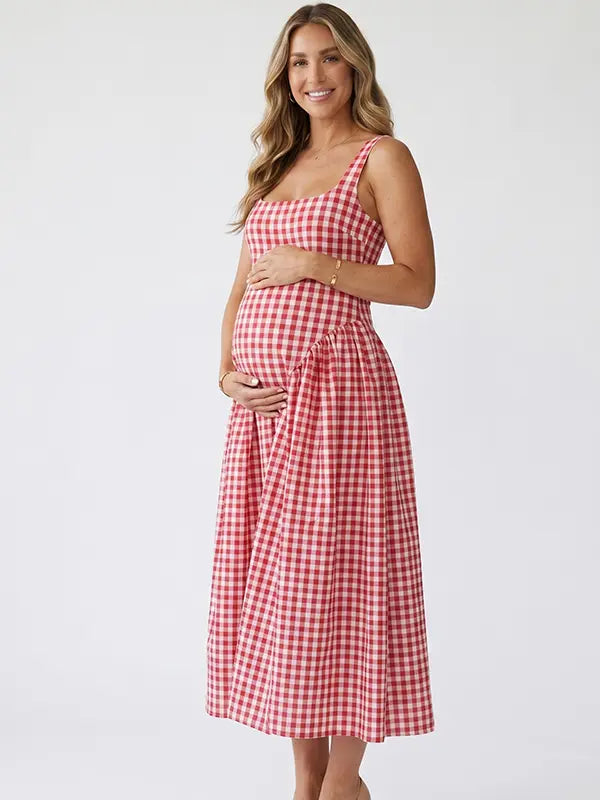 Red Gingham Maternity Maxi Dress – Adjustable Strap Flowy Princess Dress Stretch Baby Shower Outfit