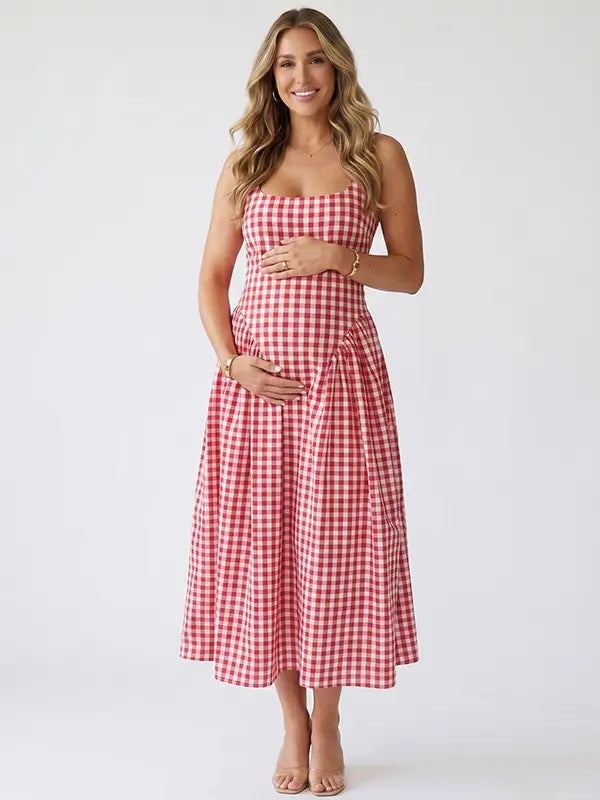Red Gingham Maternity Maxi Dress – Adjustable Strap Flowy Princess Dress Stretch Baby Shower Outfit