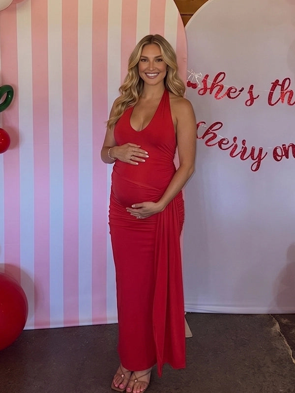 Red Halter Neck Ruched Draped Maternity Maxi Dress