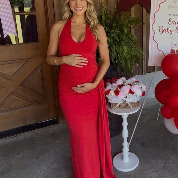 Red Halter Neck Ruched Draped Maternity Maxi Dress