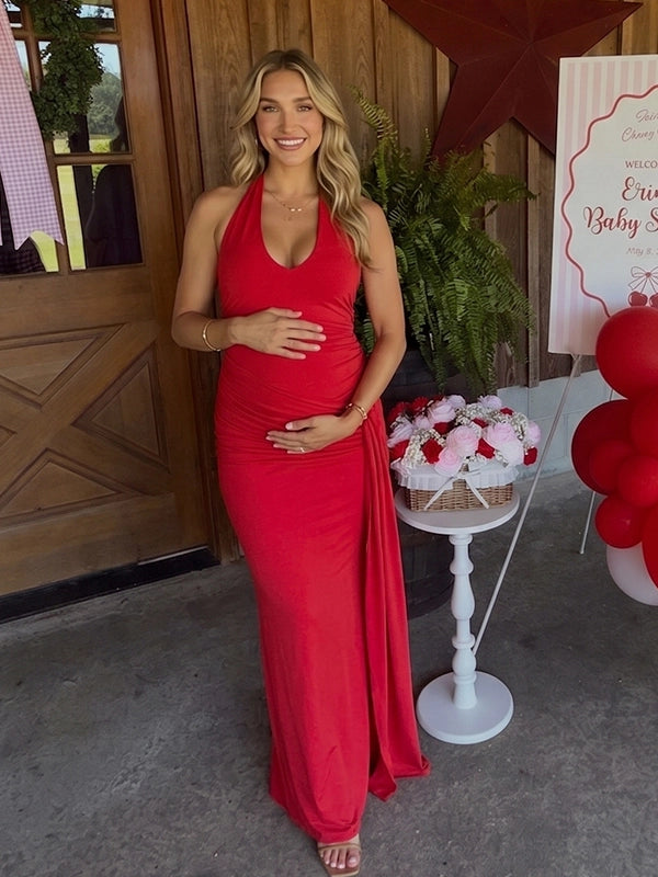 Red Halter Neck Ruched Draped Maternity Maxi Dress