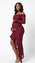 Red Lace Off-Shoulder Maternity Maxi Dress – Sheer Long Sleeve Bodycon Asymmetrical Statement Gown