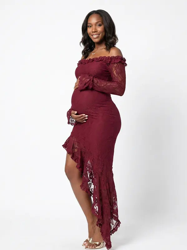 Red Lace Off-Shoulder Maternity Maxi Dress – Sheer Long Sleeve Bodycon Asymmetrical Statement Gown