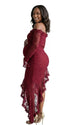 Red Lace Off-Shoulder Maternity Maxi Dress – Sheer Long Sleeve Bodycon Asymmetrical Statement Gown