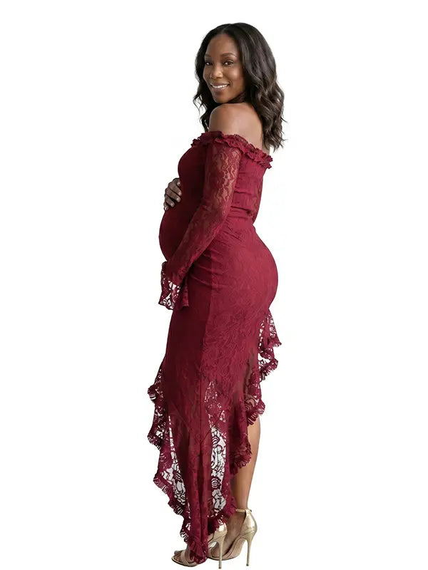 Red Lace Off-Shoulder Maternity Maxi Dress – Sheer Long Sleeve Bodycon Asymmetrical Statement Gown