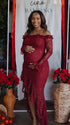 Red Lace Off-Shoulder Maternity Maxi Dress – Sheer Long Sleeve Bodycon Asymmetrical Statement Gown
