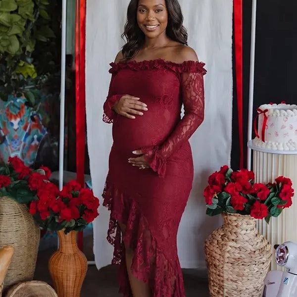 Red Lace Off-Shoulder Maternity Maxi Dress – Sheer Long Sleeve Bodycon Asymmetrical Statement Gown