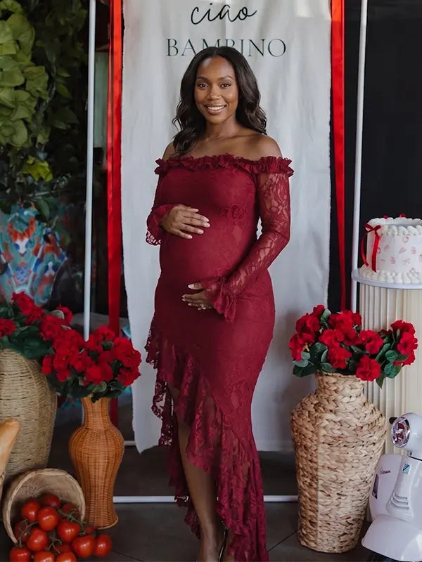 Red Lace Off-Shoulder Maternity Maxi Dress – Sheer Long Sleeve Bodycon Asymmetrical Statement Gown
