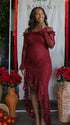 Red Lace Off-Shoulder Maternity Maxi Dress – Sheer Long Sleeve Bodycon Asymmetrical Statement Gown