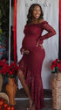 Red Lace Off-Shoulder Maternity Maxi Dress – Sheer Long Sleeve Bodycon Asymmetrical Statement Gown