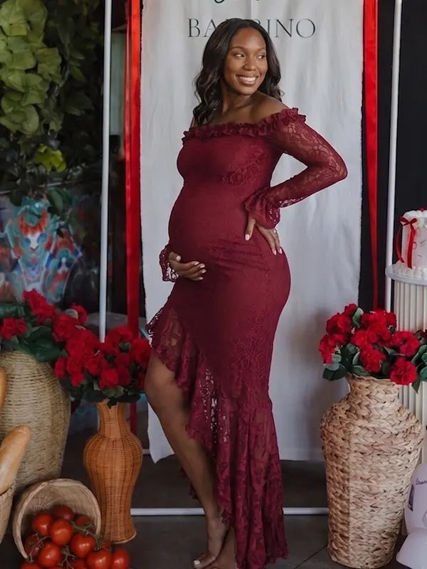 Red Lace Off-Shoulder Maternity Maxi Dress – Sheer Long Sleeve Bodycon Asymmetrical Statement Gown