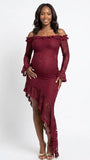 Red Lace Off-Shoulder Maternity Maxi Dress – Sheer Long Sleeve Bodycon Asymmetrical Statement Gown