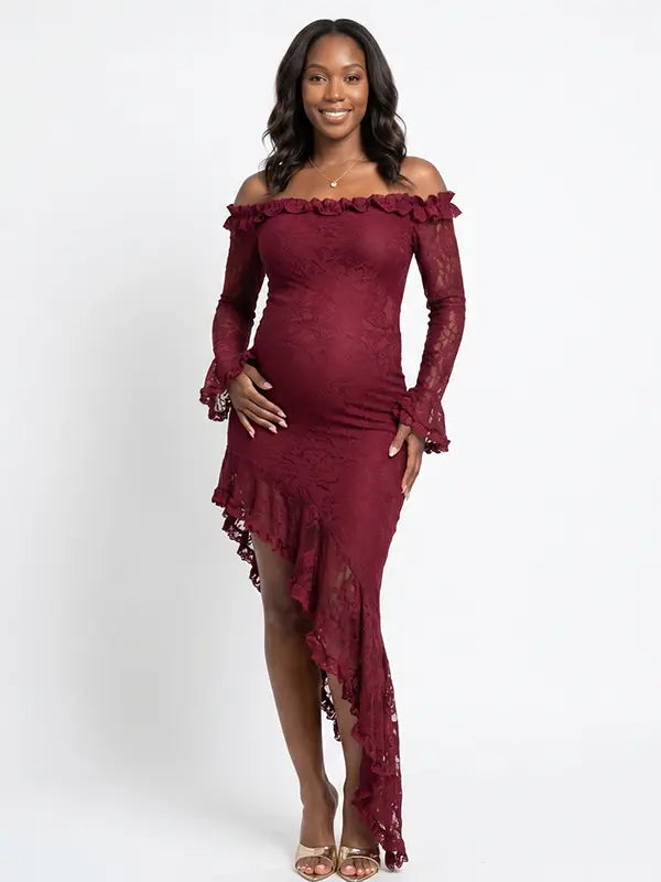 Red Lace Off-Shoulder Maternity Maxi Dress – Sheer Long Sleeve Bodycon Asymmetrical Statement Gown