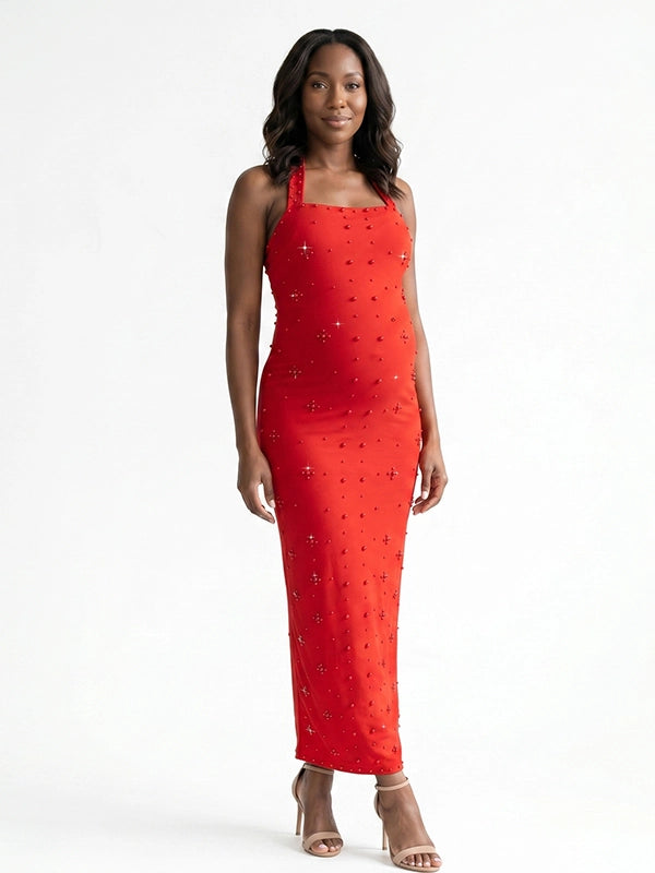 Red Rhinestone-Embellished Halter Maternity Column Gown
