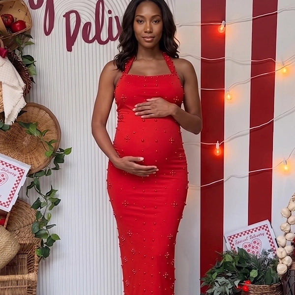 Red Rhinestone-Embellished Halter Maternity Column Gown