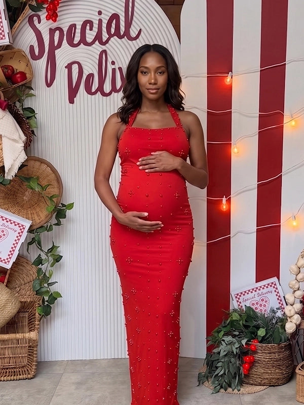 Red Rhinestone-Embellished Halter Maternity Column Gown
