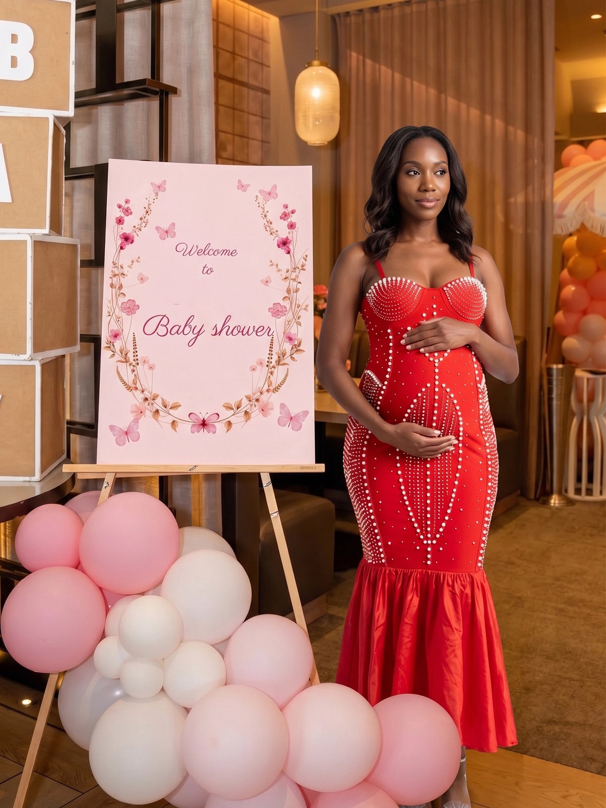 Red Rhinestone & Pearl Cami Mermaid Maternity Maxi Dress