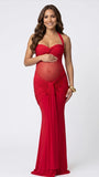 Red Sheer Mesh Ruched Draped Halter Maternity Maxi Dress