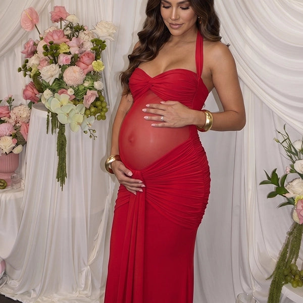 Red Sheer Mesh Ruched Draped Halter Maternity Maxi Dress