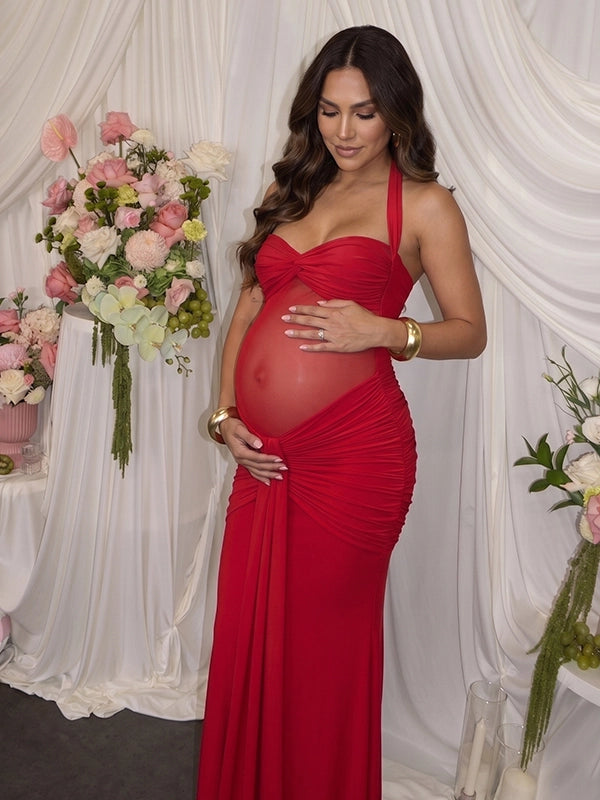 Red Sheer Mesh Ruched Draped Halter Maternity Maxi Dress