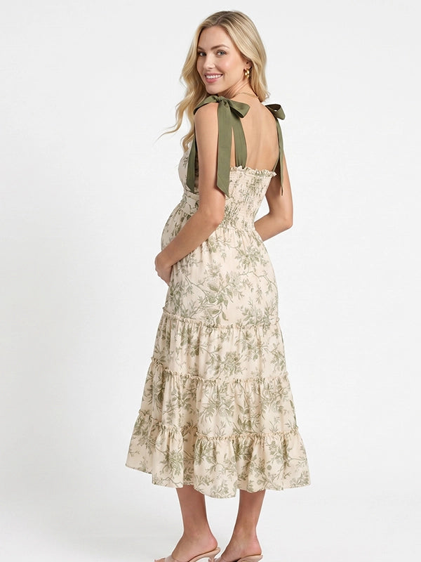 Romantic Sage Green Floral Smocked Maternity Midi Dress