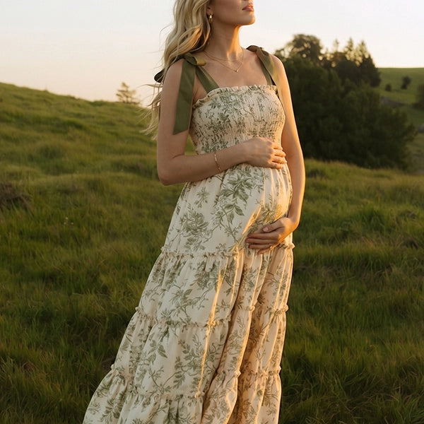Romantic Sage Green Floral Smocked Maternity Midi Dress