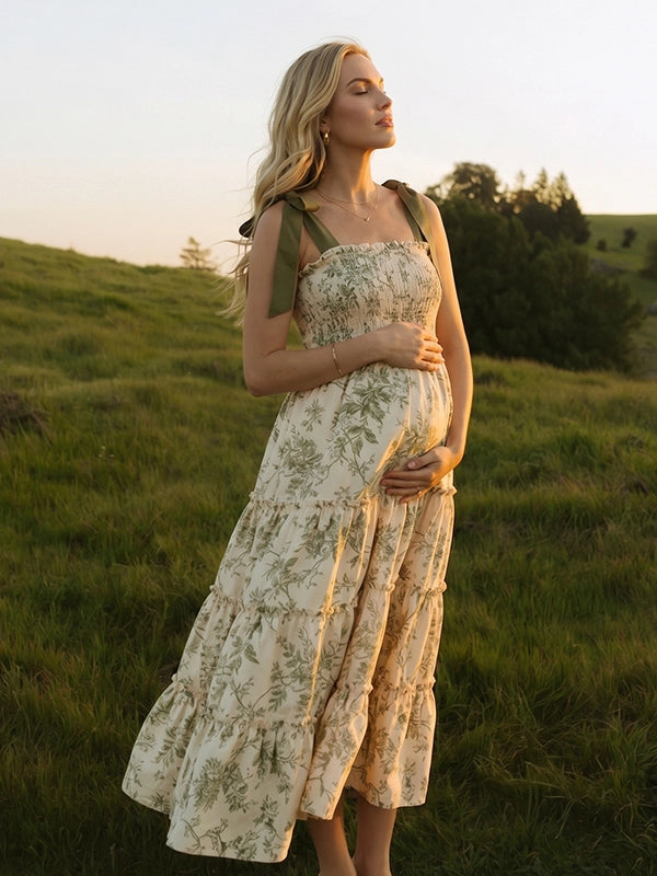 Romantic Sage Green Floral Smocked Maternity Midi Dress