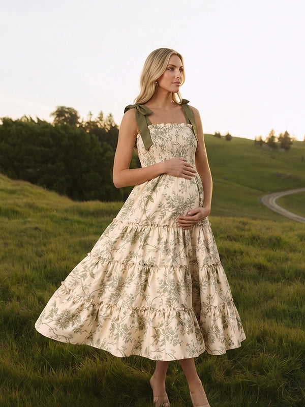 Romantic Sage Green Floral Smocked Maternity Midi Dress