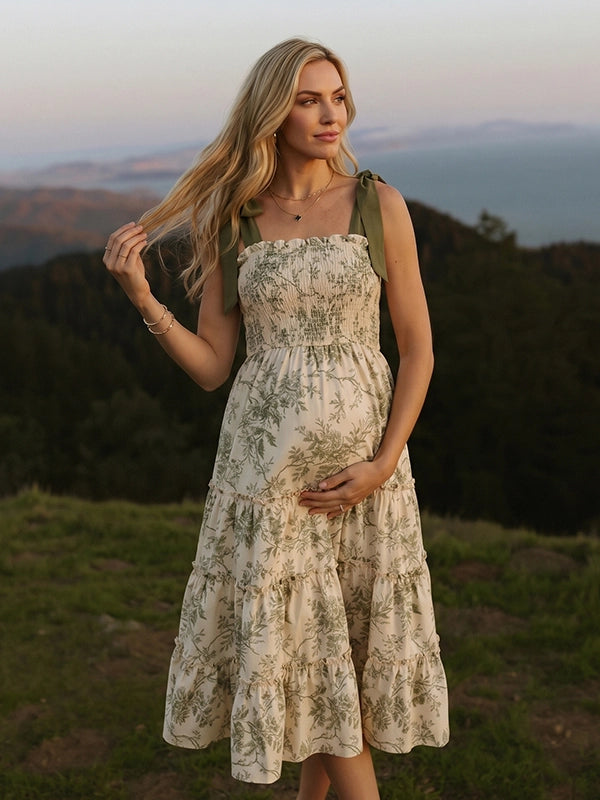Romantic Sage Green Floral Smocked Maternity Midi Dress