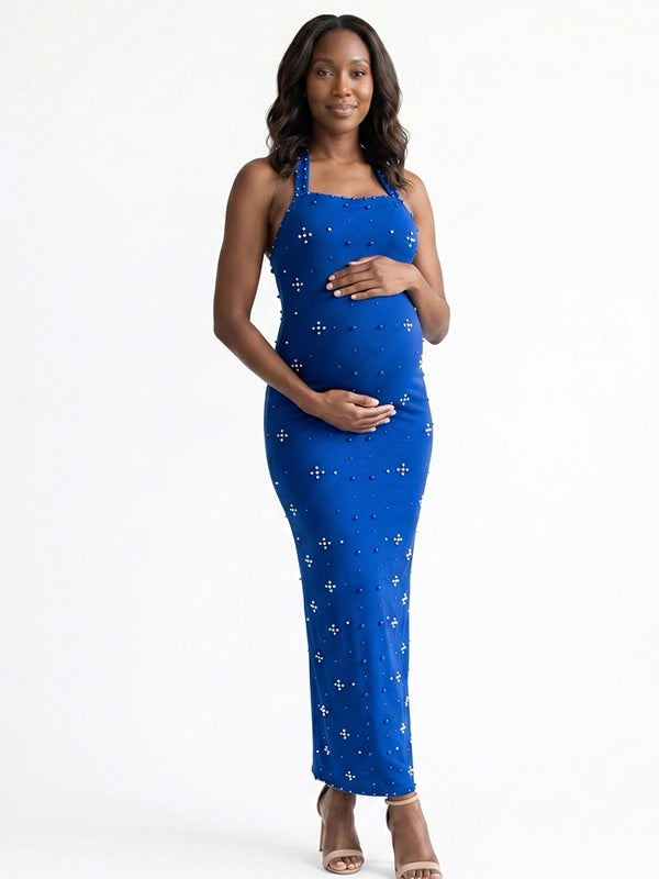 Royal Blue Rhinestone-Embellished Halter Maternity Column Gown