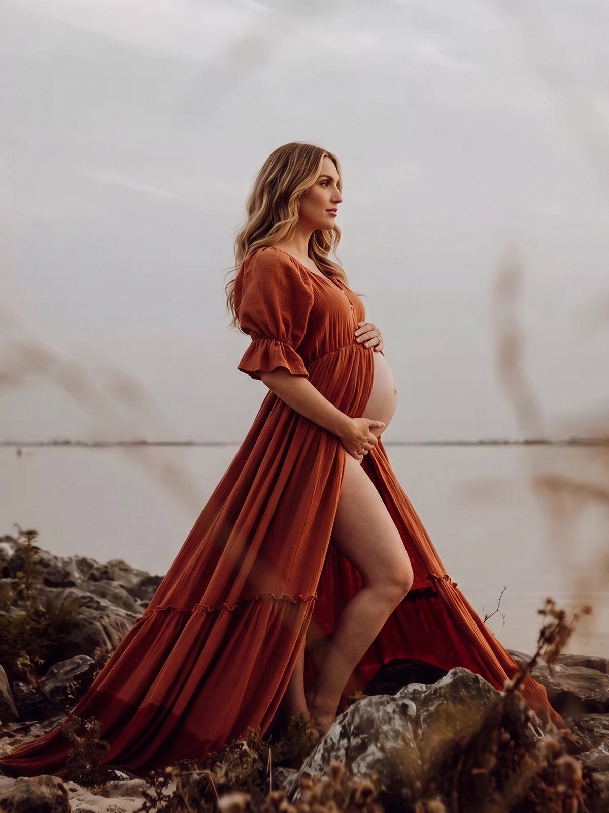 Rust Orange Boho Open Front Slit Maternity Dress for Photoshoot