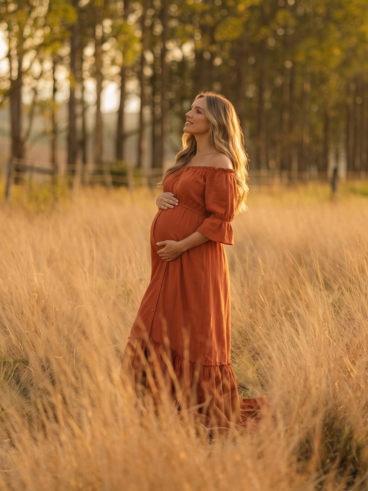 Rust Orange Boho Open Front Slit Maternity Dress for Photoshoot