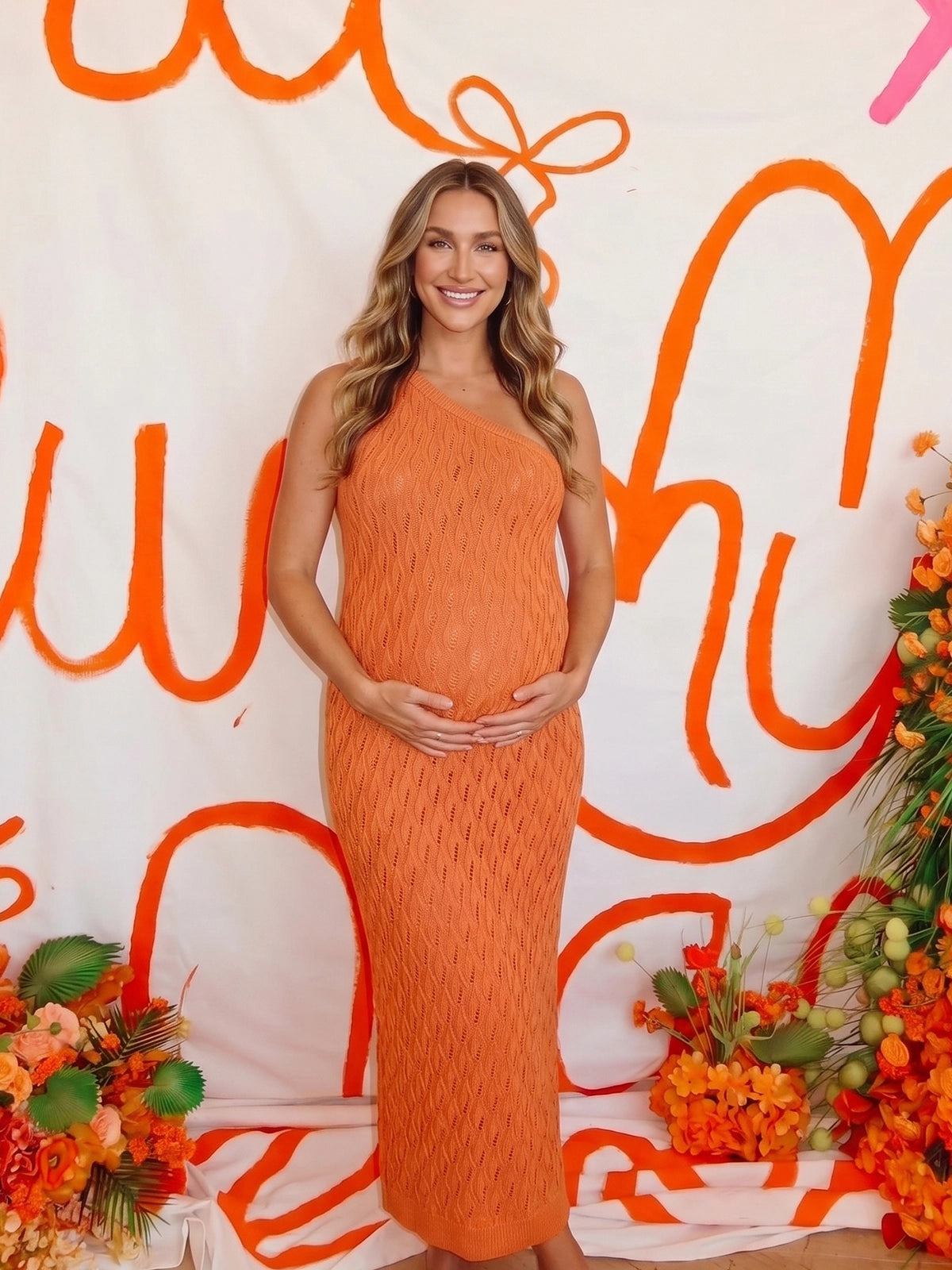 Rust Orange One Shoulder Knit Maternity Maxi Dress