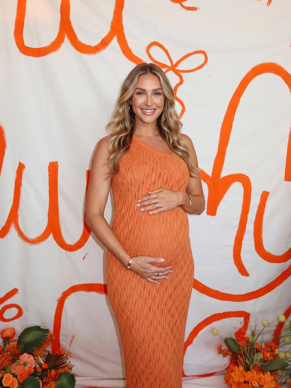 Rust Orange One Shoulder Knit Maternity Maxi Dress