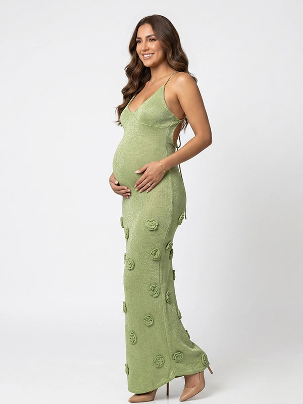 Shimmering Sage Green Knit Rosette Backless Cami Maternity Maxi Dress