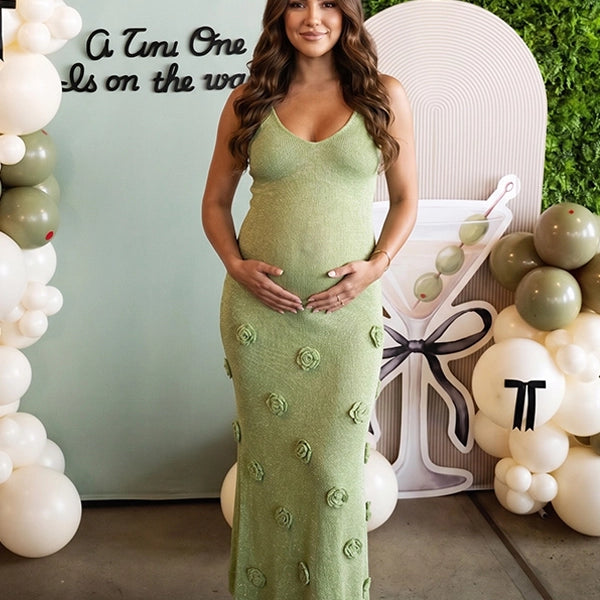 Shimmering Sage Green Knit Rosette Backless Cami Maternity Maxi Dress