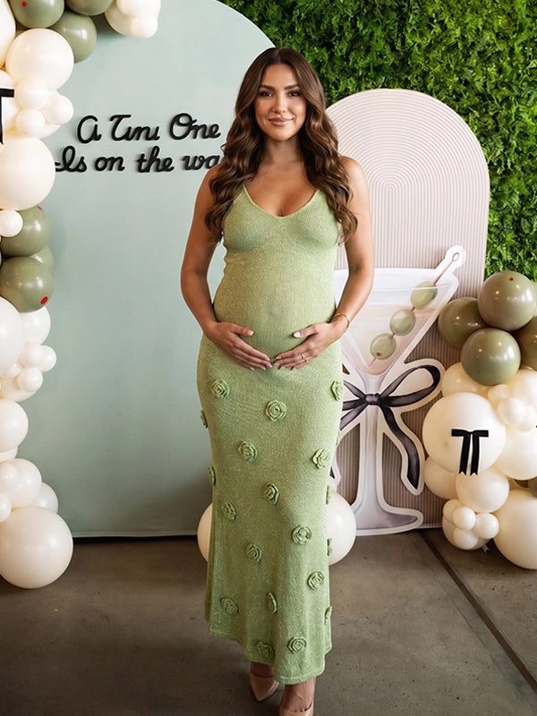 Shimmering Sage Green Knit Rosette Backless Cami Maternity Maxi Dress
