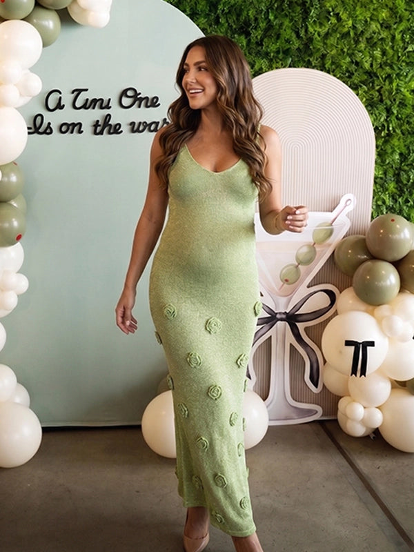 Shimmering Sage Green Knit Rosette Backless Cami Maternity Maxi Dress